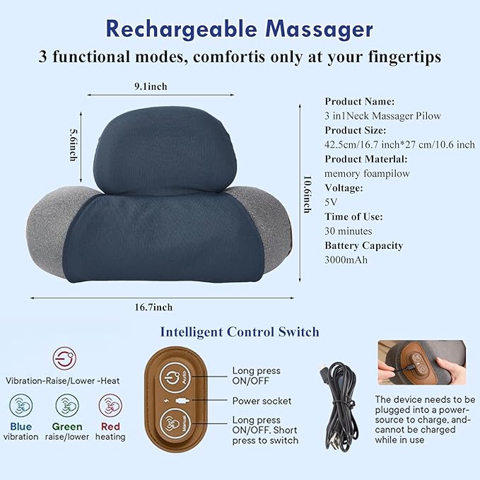 3 in 1 Heated Neck Massage Pillows with Heat for Pain Relief Deep Tissue, Rechargeable Cervical Neck Hump Corrector, Wireless Pillow Supports (No Washable Cover)