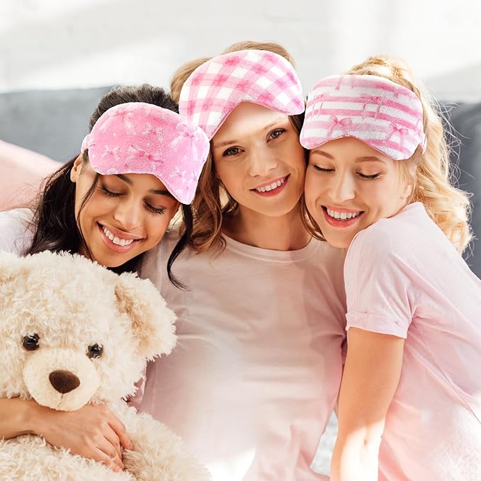 Cuffbow 6 Pack Plush Sleep Mask Set, Cute Plush Eye Masks for Sleeping, Soft Comfortable Travel Nap Blindfold, Sleepover Party Favors for Women(Plaid Bow,Pink)