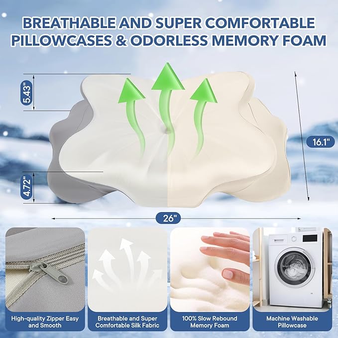 Cervical Pillow for Neck Pain Relief, Ergonomic Memory Foam Pillows for Neck Pain Relief with Ice Silk Pillowcase,Adjustable Contour Neck Support Pillow for Side Back Stomach Sleepers (White)