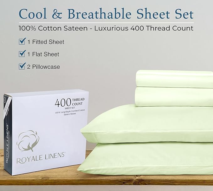 ROYALE LINENS 400 Thread Count 100% American Grown Cotton 4 Piece Sateen Full Sheet Set - 1 Fitted Sheet, 1 Flat Sheet, 2 Pillow case - Green Full Bedsheet - Cotton Sheets - (Full, Florentine Sage)