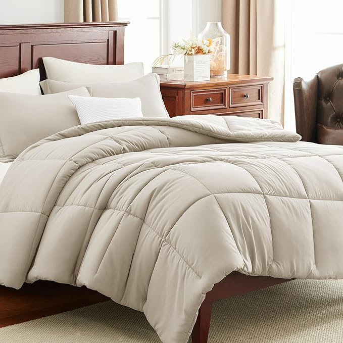 CozyLux Queen Size Comforter Sets Beige - 3 Pieces Box Stitched Queen Bed Set for All Seasons, Soft Lightweight Bedding Sets with 1 Down Alternative Comforter and 2 Pillow Shams