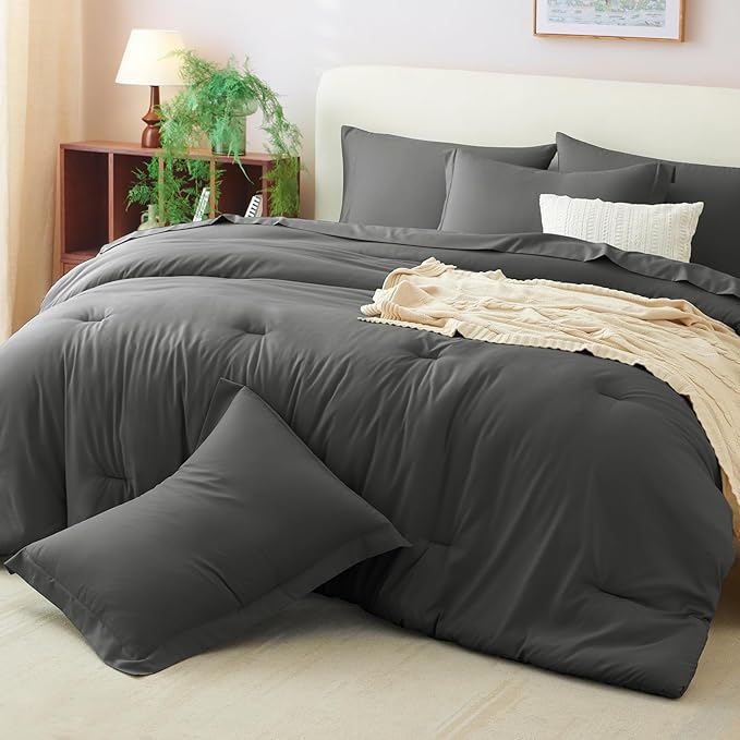 CozyLux Twin Comforter Set Dark Grey, 5 Pieces Bed in a Bag Twin Comforter Set with Sheets, Dark Gray Bed Sets with Down Alternative Comforter, Fitted Sheet, Flat Sheet, Pillow Sham and Pillowcase