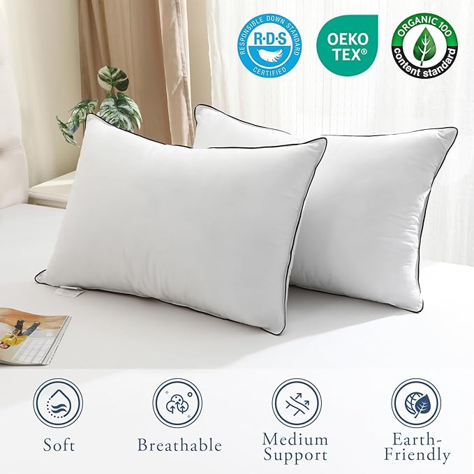 BPC Goose Feather Down Pillows Standard Size Set of 2, Luxury Feather Pillows for Sleeping, 100% Organic Cotton Cover, Soft Support Surround Fill Down Alternative, Hotel Collection Bed Pillows 20"x26"