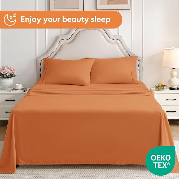 Queen Sheet Set, 4 Pieces Hotel Luxury Soft Microfiber Queen Bed Sheets Set, Up to 16" Deep Pockets, Oeko-Tex Sheets with Elastic, Breathable, Wrinkle Free (Pumpkin Orange, Queen)