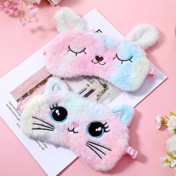 2 Pcs Plush Eye Mask Soft Sleeping Blindfold Eye Cover Comfortable Cute Animal Sleeping Mask Satin Nap Night Eyeshade Cover for Women Men Gift (Multicolor, Cat&Rabbit Style)