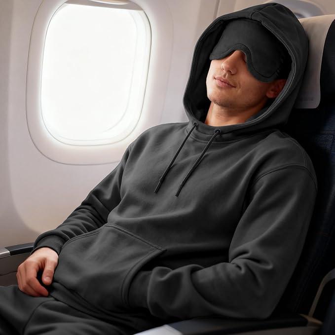 Ainangua Mens Oversized Pullover Essentials Hoodie with Eye Mask Built In Comfor Airplane Mode Travel Sleep Wearable Blanket