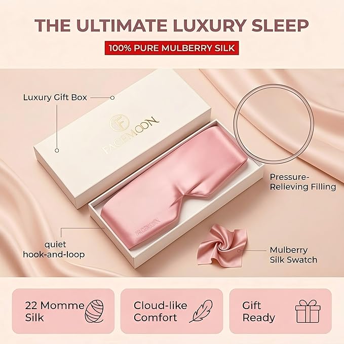 Silk Sleep Mask for Side Sleepers, Eye Mask for Sleeping Women Men, Face-Hugging Padded Eye Cover, 100% 22 Momme Pure Mulberry Silk, Soft Light Blocking Mask for Travel, Naps & Shift Workers (Pink)