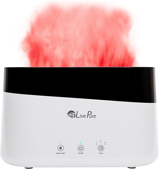 LivePure LP300HUM Aqua Flame Cool Mist Humidifier – Small Ultrasonic Plant Humidifier Indoor with Essential Oil Diffuser – Dorm Essentials, Apartment, Desks & Home Office White - 0.20 Gal/ .75L