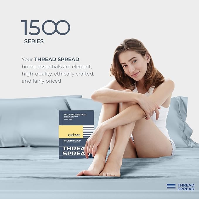 THREAD SPREAD 100% Egyptian Cotton Pillow Cases Queen Size Set of 2 - Luxury 1500 Series Queen Pillow Cases (Light Blue), Soft Cooling Envelope Closure Hotel Quality Egyptian Cotton Pillowcases