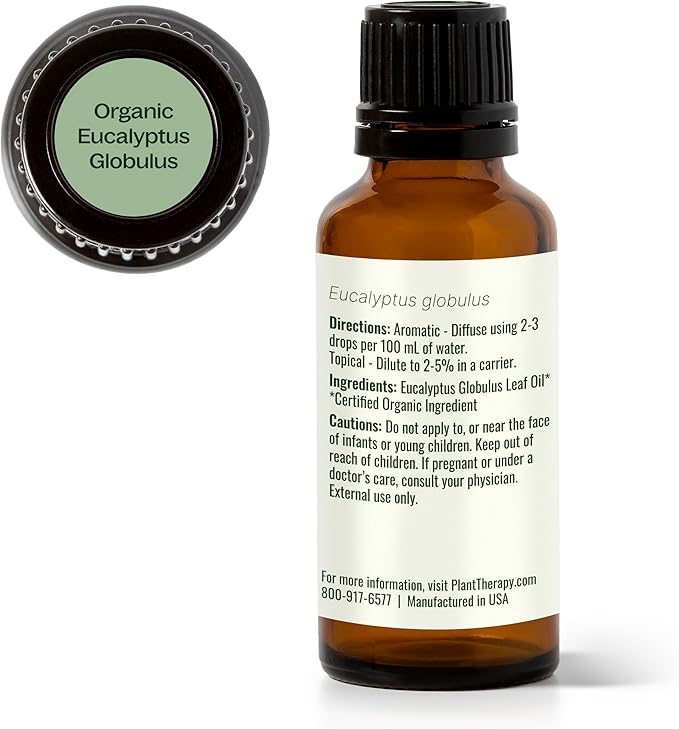 Plant Therapy Organic Eucalyptus Globulus Essential Oils 30 mL (1 oz), 100% Pure, USDA Certified Organic, Undiluted, Natural Aromatherapy for Respiratory Support & Focus