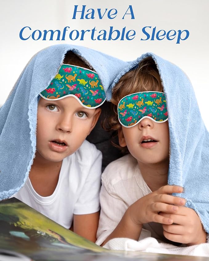 Miss Adola Sleep Mask for Kids - Cute Kawaii Cartoon Silk Sleeping Mask with Adjustable Strap Soft Smooth Light Eye Mask for Sleeping Silk Kids Eye Cover for Boys Girls Teens, Green Dinosaur
