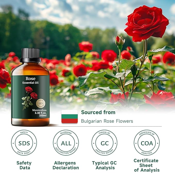 Rose Essential Oil,Pure Rose Oil for Reed Diffuser, Aromatherapy, Skin, Hair, Evening Relaxation &Pillow Spray, Mumianhua Natural Floral Aroma for Bedtime, Calming, Soap Candle Making 3.38 Fl Oz