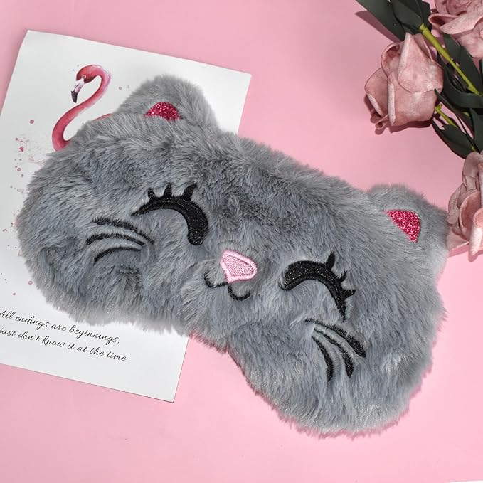 Cute Cat Sleeping Mask Eye Mask Funny Animal Kitten Sleep Mask Soft Plush Blindfold Travel Eye Cover Eyeshade for Kids Adults Girls Boys Women Men (Cat, Gray)