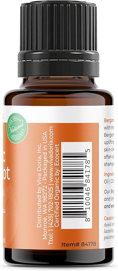 Viva Doria Bergamot Essential Oil, USDA, Certified Organic Bergamot Oil, 100% Pure, Natural Essential Oil, Undiluted, for Aromatherapy | Food Grade, 15 mL (0.5 Fluid Ounce)