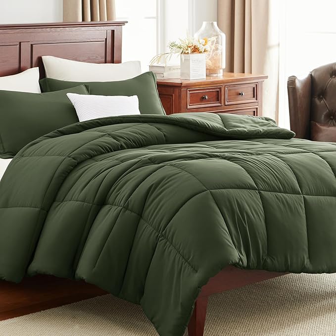 CozyLux Oversized King Comforter Set, 3 Pieces Olive Green 120x98 Box Stitched Design Soft Bedding Set, All Season Lightweight Breathable Bed Set with 1 Down Alternative Comforter and 2 Pillow Shams
