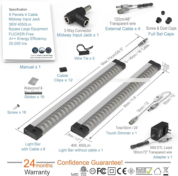 EBD LED Under Cabinet Lighting for Kitchen Built-in Adjustable Cable & Mid Input Jack Bookshelf Plug in Light bar 9 Pcs 4050 Lm 3000K Ultra Bright for Timer Smart Plug Alexa Google Assistant & Siri
