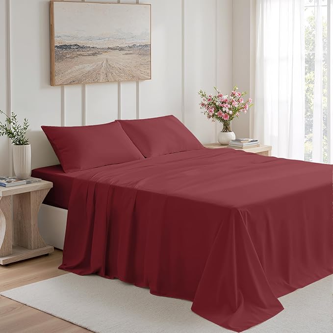 Queen Size 4 Piece Sheet Set - Comfy Breathable & Cooling Bed Sheets Set, Soft and Wrinkle Free, Deep Pockets, Easy & Secure Fit, Hotel Luxury Bedding for Women, Men - Oeko-Tex - Burgundy