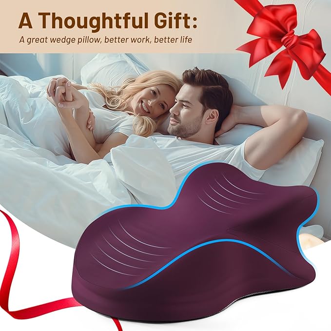 Memory Foam Ergonomic Wedge Pillow, Reading Pillow for Bed, Headboard Pillow Support for Back Pain, Acid Reflux & Sitting Up, Ideal for Massage with Removable Cover-Purple