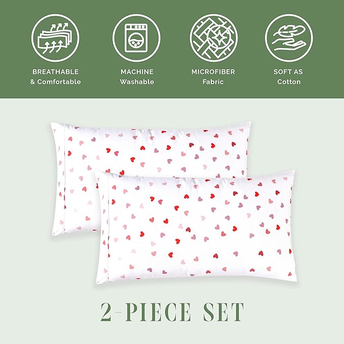 Elegant Comfort Ultra Soft Set of 2 Hearts Print Pillowcases - 1500 Premium Hotel Quality Microfiber, Soft and Smooth Envelope Closure 2-Piece Pillow Covers - King, Valentina