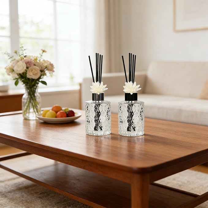 8 Pcs Empty Reed Diffuser Bottle Set, Small Glass Vases with 40Pcs Reed Diffuser Sticks, Refillable Flower Bud Vases for Essential Oil DIY, Home Fragrance, Bulk (Silver & Black)