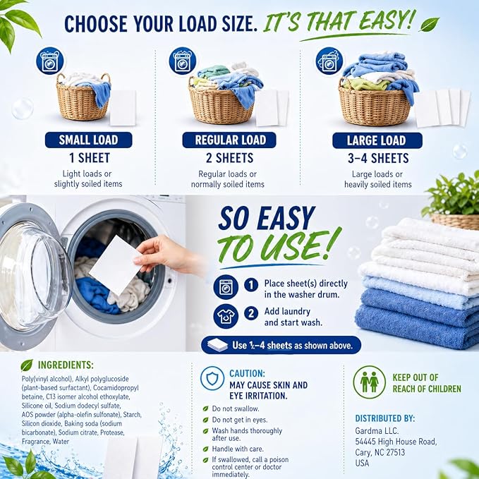 Laundry Detergent Sheets – 180 Eco Laundry Sheets Detergent, Travel Laundry Soap Sheets, Washer Sheets Detergent, Ultra Concentrated, Plastic-Free, Fresh Clean, 180 Sheets