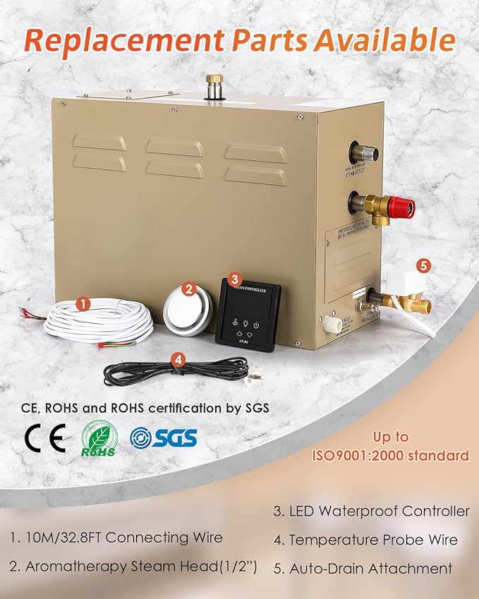 Steam Shower Generator Kit 6KW for Bath Sauna SPA, Aromatherapy Steam Head, Self-draining System, LED Controller, 212CBFT/6m³Space