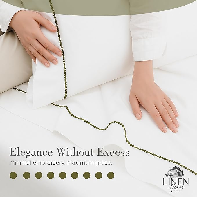 Linen Home 100% Cotton Percale Pearl Stitch Pillowcases King Size, Olive Green, 2 Pieces of Pillow Case, Crisp and Cool Strong Bed Linen, 20 inches X 40 inches