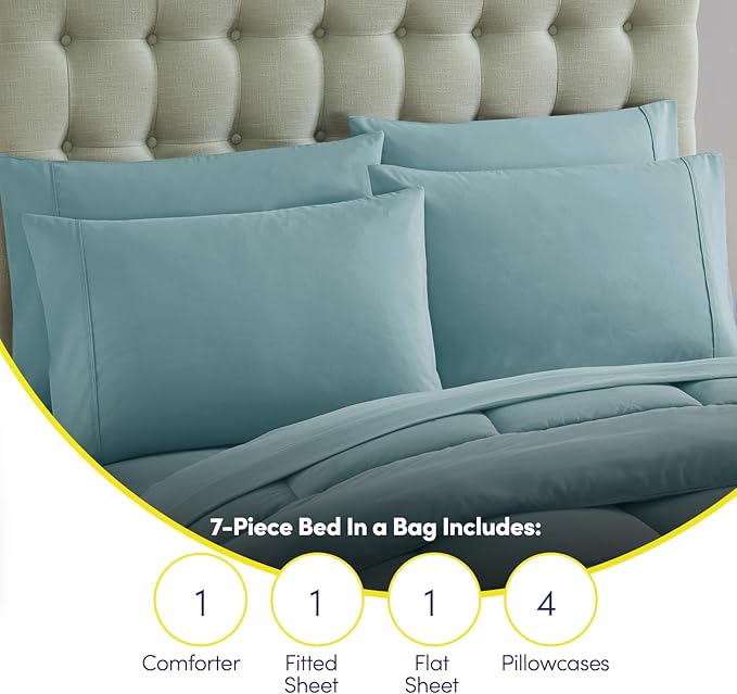 Sweet Home Collection 7 Piece Comforter Set Bag Solid Color All Season Soft Down Alternative Blanket & Luxurious Microfiber Bed Sheets, Misty Blue, Full