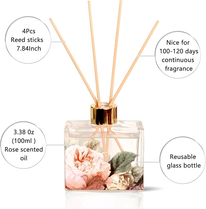 Reed Diffuser Set Rose Scent 3.38 Oz Reed Diffuser with Sticks - Bedroom Bathroom Shelf Valentine's Day Decor