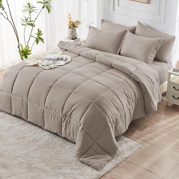 JOLLYVOGUE Queen Comforter Set, Ultra-Soft Bed in a Bag Queen Size 7 Pieces, Oeko-TEX Certified Bedding Set with Down Alternative Comforter, Sheets, Pillowcases & Shams, Khaki