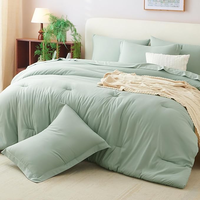 CozyLux Oversized King Comforter Set Sage Green, 7 Pieces Bed in a Bag Comforter Set with Sheets, Soft Bedding Sets with Down Alternative Comforter, Fitted Sheet, Flat Sheet, Pillowcases and Shams