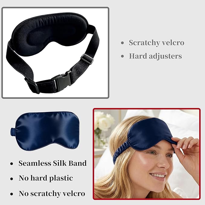 ZLYC 100% Mulberry Silk Sleep Mask Pressure-Free Eye Cover Soft Light Blocking Blindfold for Travel & Nap, Solid Navy