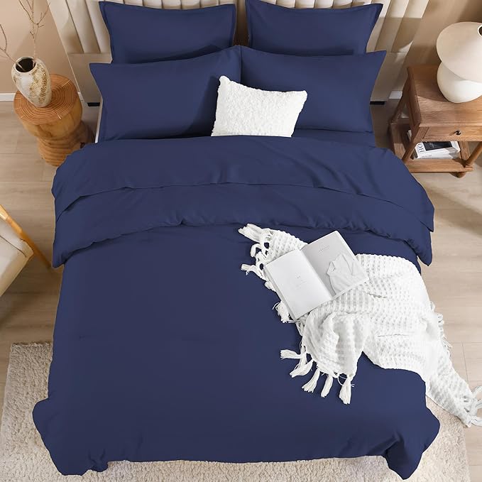 Litanika Queen Comforter Set Navy Blue - 7 Pieces Bed in a Bag Queen Bedding Comforter Sets, Solid Lightweight Bed Set with Comforter, Sheets, Pillowcases & Shams