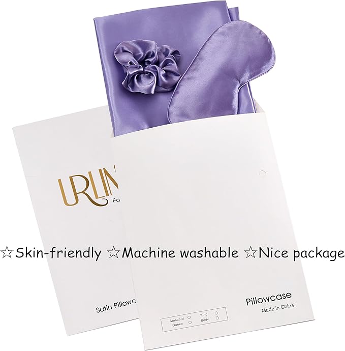 Purple Satin Pillowcase for Hair and Skin, Super Soft Vegan Silk Sleep Set-2 Satin Pillow Cases Standard Size, 1 Eye Mask, 1 Scrunchie, Self Care Essential Satin Night Routine Kit