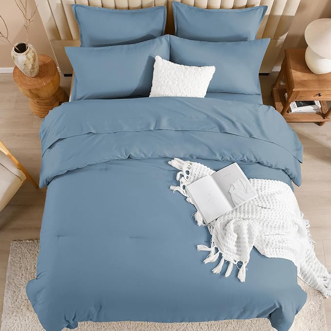 Litanika Comforter King Size Set Grayish Blue - 7 Pieces Bed in a Bag King Bedding Comforter Sets, Plain Lightweight Bed Set with Comforter, Sheets, Pillowcases & Shams