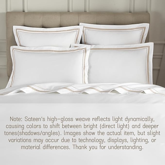 White Pillow Shams King Size Set of 2, 100% Cotton 400TC Sateen Luxury Hotel Pillow Cases, Pipping Oxford Pillowcases with Envelope Closure for Bedding Linen, 20x36 Inches (White with Khaki)
