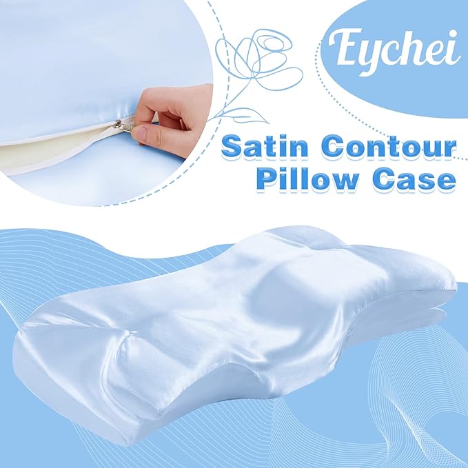 Satin Pillowcase for Cervical Pillow, Baby Blue Silky Cervical Pillow Case Contour Pillow Case Cover with Zipper, Smooth Ergonomic Pillowcase for Neck Pillow Cover
