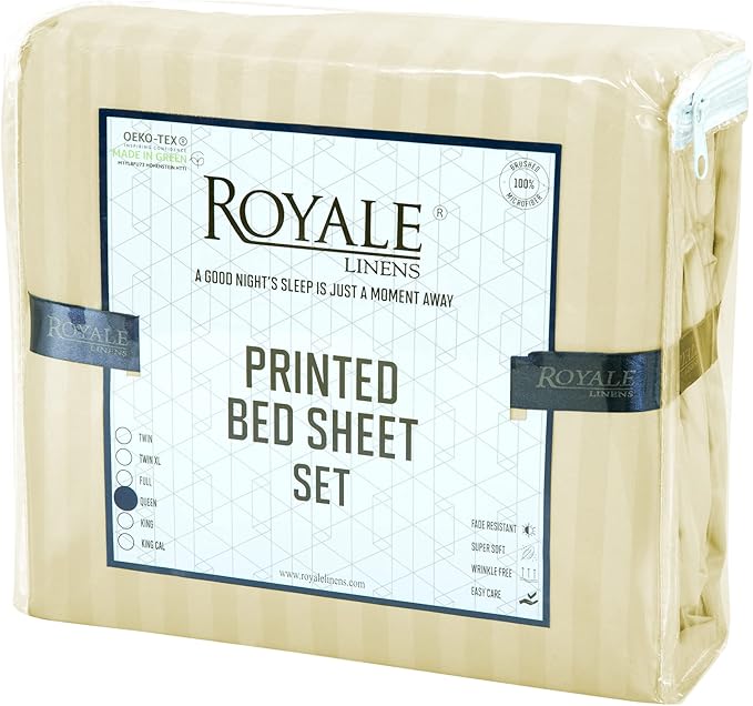 ROYALE LINENS 4 Piece Cal King Sheets Set - Soft Brushed Microfiber - 1 Fitted, 1 Flat Sheet, 2 Pillow Cases - Wrinkle Free & Fade Resistant - Hotel Luxury Bed Sheets (Stripe Beige, Cal King)