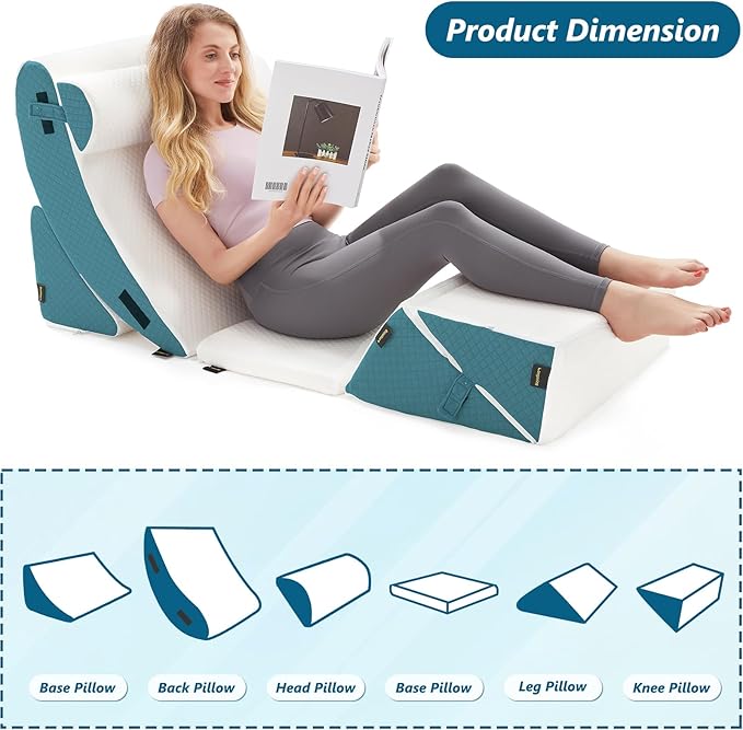 6PCS Orthopedic Bed Wedge Pillow Set for Sleeping - Adjustable Post Surgery Pillow Set for Back Neck Leg Support - Wedge Pillow for After Surgery Snoring & Acid Reflux (White Blue)