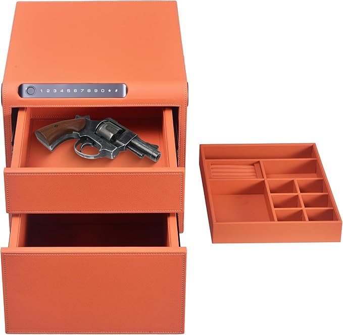 Jewelry Safe with Drawers,Biometric Fingerprint safe, Slide-Away Handgun Safe for Pistols, Leather Wrapped Jewelry Storage Safe, Digital Keypad & Quick-Access Drawer(Orange- 2 Drawer)