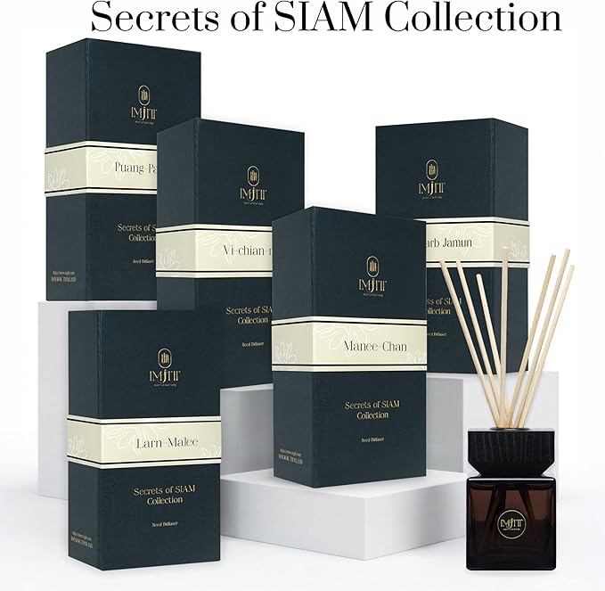 Larn-Malee Reed Diffuser Set by IMJITT, Secrets of SIAM Collection, Luxury Room Diffuser with Tuberose and Sandalwood, Authentic Thai Botanicals for Home Office Decor and Elegant Ambiance