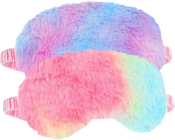 2 Pack Plush Sleeping Eye Mask Soft Plush Eye Mask Fuffy Eye Cover Comfortable Sleep Mask Blindfold Rainbow Faux Fur Eye Shade for Women, Men and Kids Travel Nap Sleeping