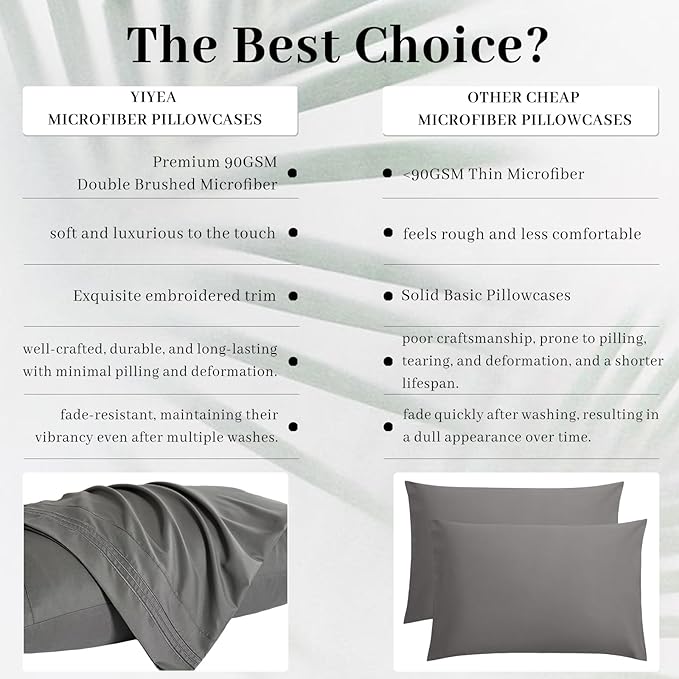 YIYEA Standard Pillow Cases Set of 2, Ultra Soft Double Brushed Microfiber Pillowcases Standard, Hotel Quality Embroidered Bed Pillow Covers, Fade Resistant, Easy Slip-On (20"x26", Dark Grey)