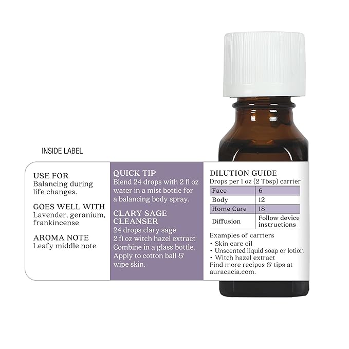 Aura Cacia Clary Sage Essential Oil, 100% Pure Salvia Sclarea Oil - Balancing Aromatherapy for Diffusers, Massage, Relaxation and DIY Blends | 0.5 Fl Oz (Pack of 1)