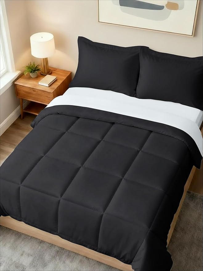 King Comforter Set - 3 Piece Bed Set for All Seasons - 1 Soft Quilted Comforter with Corner Tabs & 2 Pillow Shams - Comfy, Cozy & Breathable - Premium Down Duvet Insert - Oeko-TEX - King Size, Black