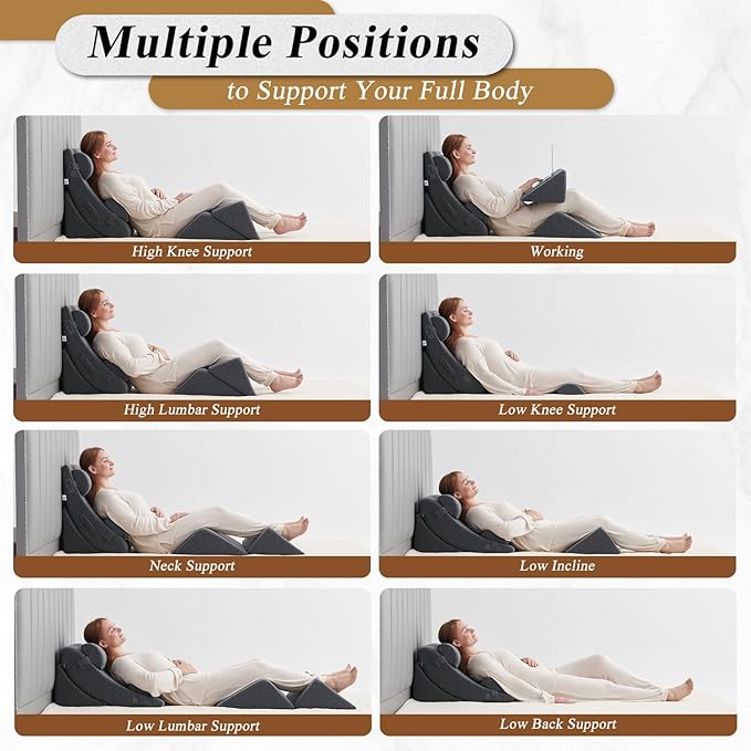 Axelrod 6PCS Orthopedic Bed Wedge Pillow Set, Post Surgery Foam for Back, Neck and Leg Pain Relief Comfortable & Adjustable Pillows- Anti Snoring, Heartburn, Acid Reflux & GERD Sleeping Melange Gray