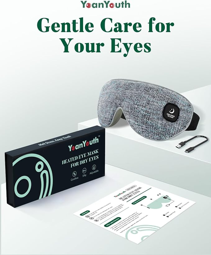 YoanYouth Heated Eye Mask for Dry Eyes, FSA Eligible HSA, Cordless Warm Compress for Eyes, Light Blocking Eye Heating Pad, Styes, Sleep, Cover Washable, Rechargeable, Deep Gray