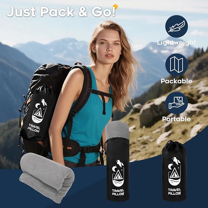 CushyOasis All-in-1 Camping Pillow Set - Shredded Memory Foam Neck Pillow Travel Pillow with Eye Mask, Earplugs, Washable Cover, Compact for Backpacking, Camping, Flights, Car Travel (Small Size)