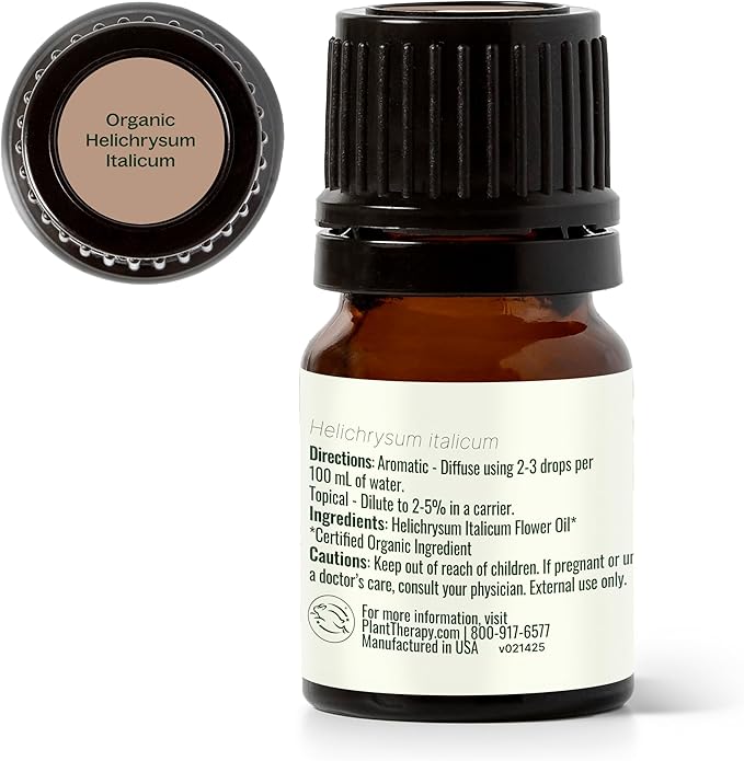 Plant Therapy Organic Helichrysum Essential Oil (Italicum), 2.5 mL (1/12 oz), 100% Pure, Undiluted, USDA Certified Organic, Great for Skincare, Diffusion, and Aromatherapy