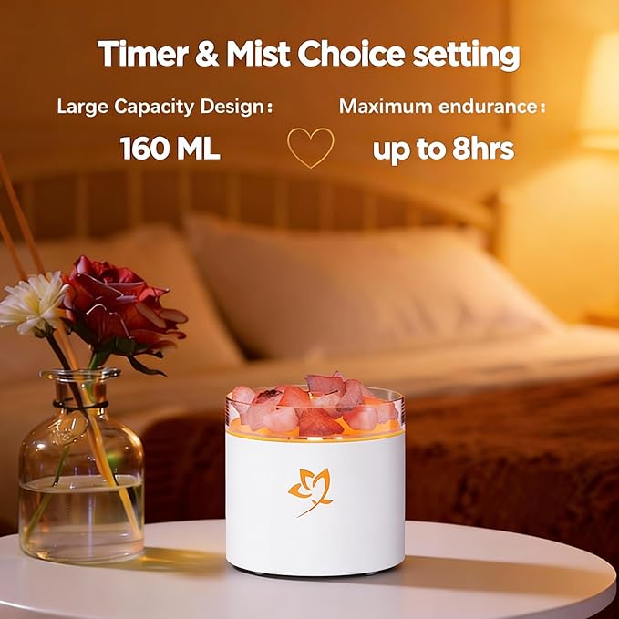 4-in-1 Ultrasonic Crystal Salt Stone Aromatherapy Diffuser & Humidifier - 7-Color LED Dreamy Flame Light, Auto Shut-Off, 2 Modes | Home/Office/Yoga (White)
